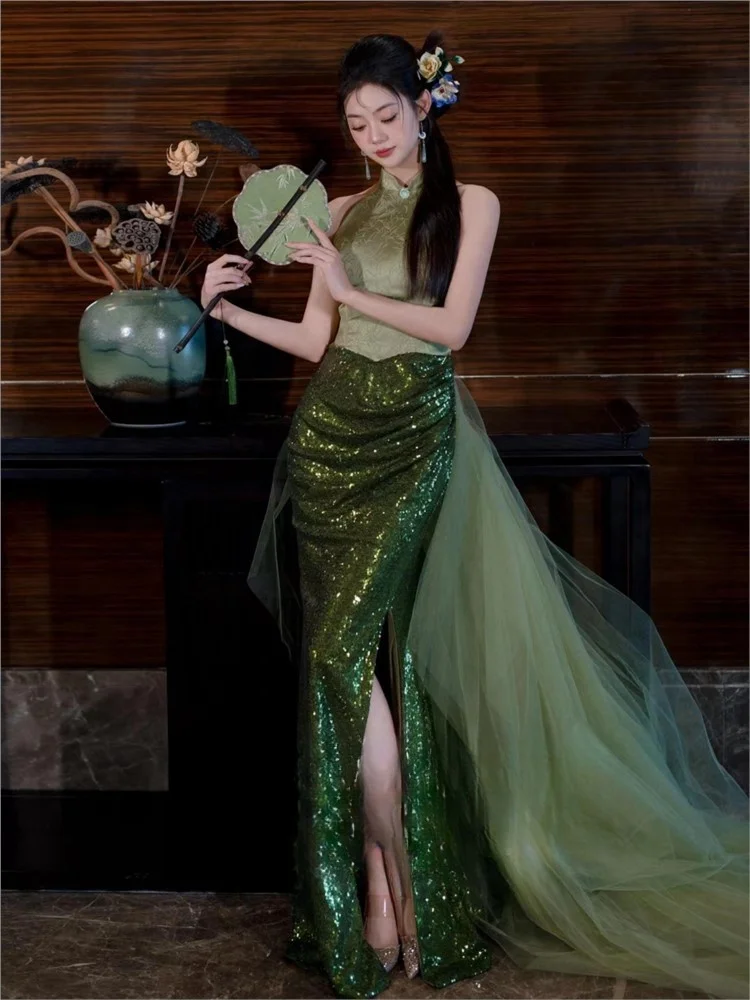 New Chinese style light luxury small skirt Green improved cheongsam dress