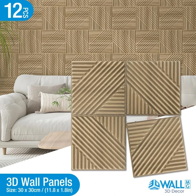 (pack of 12) 30x30cm Wood grain Decorative 3D textured wall panel diamond design 3D wall sticker wallpaper decor living room