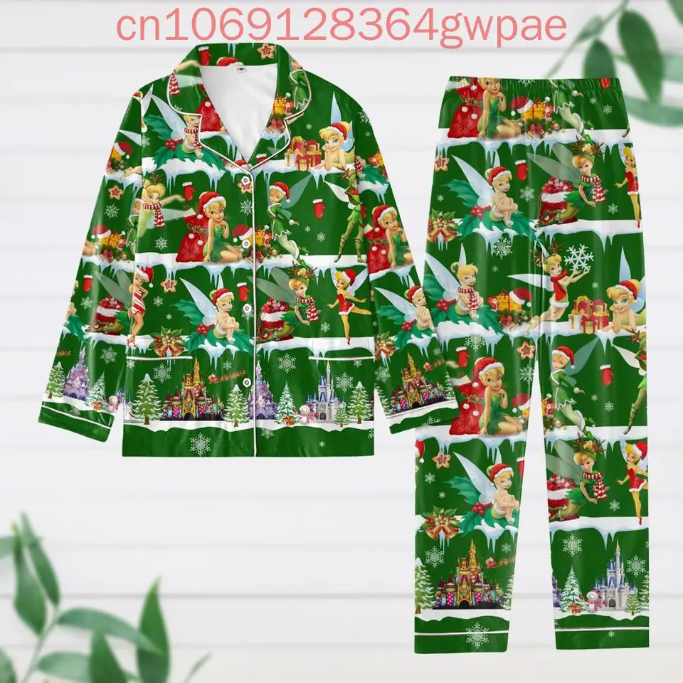 Conjunto de pijama Disney Tinker Bell con estampado 3D, conjunto de pijama informal de Navidad para hombre y mujer, camisa de manga larga, conjuntos de pijama familiares