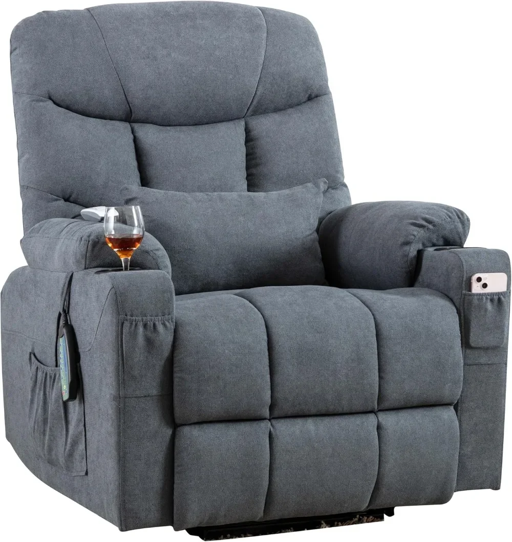 Power Lift Recliner Chair with Massage & Heat for Elderly, Linen Fabric Lazy Recliner Sofa Chairs with Cup Holders/USB/Side