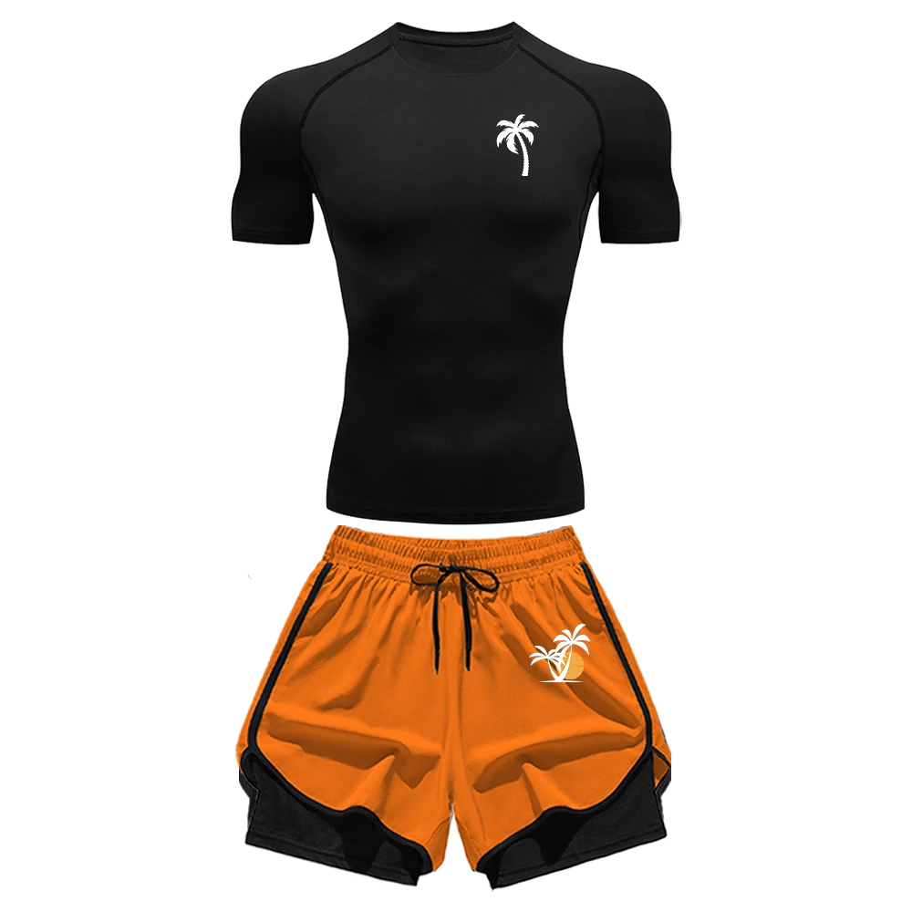 

Men's Casual Sportswear Set Quick Drying T-Shirt And Double Layer Drawstring Short Lightweight And Breathable For Summer Fitness