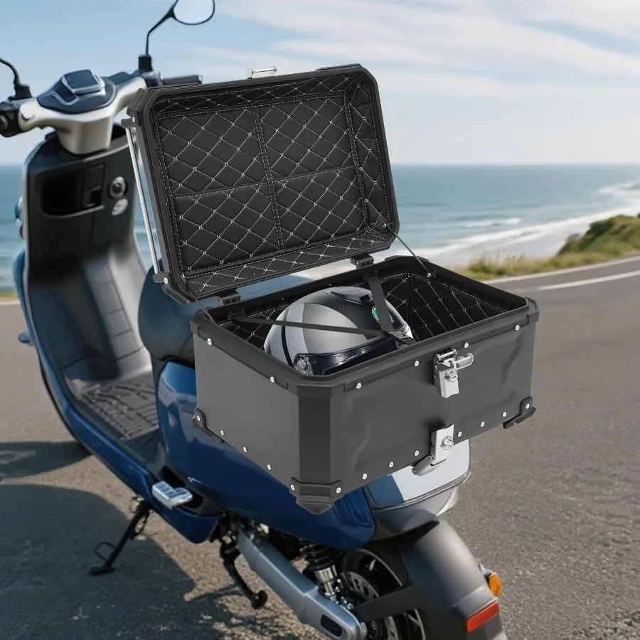 

Верхний чехол для мотоцикла 65 л, алюминиевый верхний ящик для мотоцикла с 2 светоотражающими наклейками, 2 ключа, система противоугонных замков, водонепроницаемая съемная система