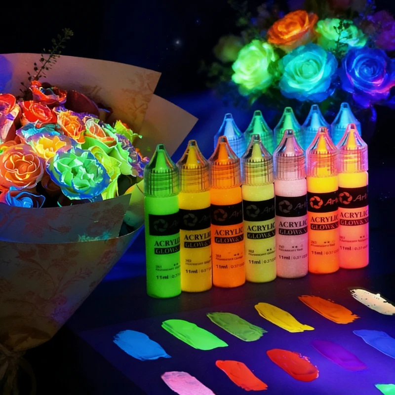 6/12/18 Colors 11ML Fluorescent Luminous Acrylic Paint Set - Glow in Dark Fabric Paint for Clothes Shoes Wall Art Painting