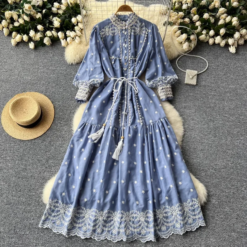 Neploe Elegant Heavy Embroidery Stand Collar Dresses 2024 Summer New Dress for Women Y2k Lantern Sleeve Vestido Feminino