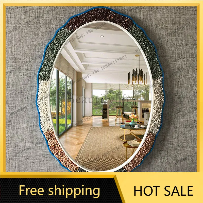 LJY Mediterranean Style Pebble Oval Wall Mounted Bathroom Mirror with Frame for Toilet Washroom Vanity Makeup Decor