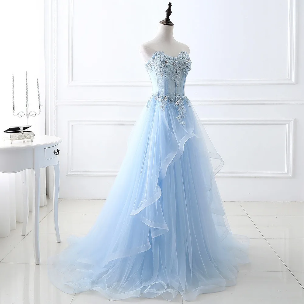 Blue Strapless Tulle Prom Dress Floral Lace Beaded Sheer Corset Bodice Ruffle Layered A-Line Floor Length Formal Evening Gown