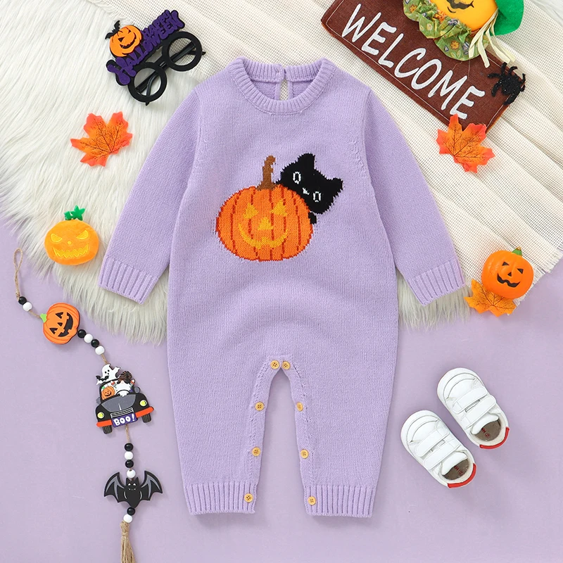 Newborn Baby Romper Knitted Halloween Infant Boys Girls Jumpsuit Cute Pumpkin Cat Toddler Kid Clothes Long Sleeve 0-18M Overalls