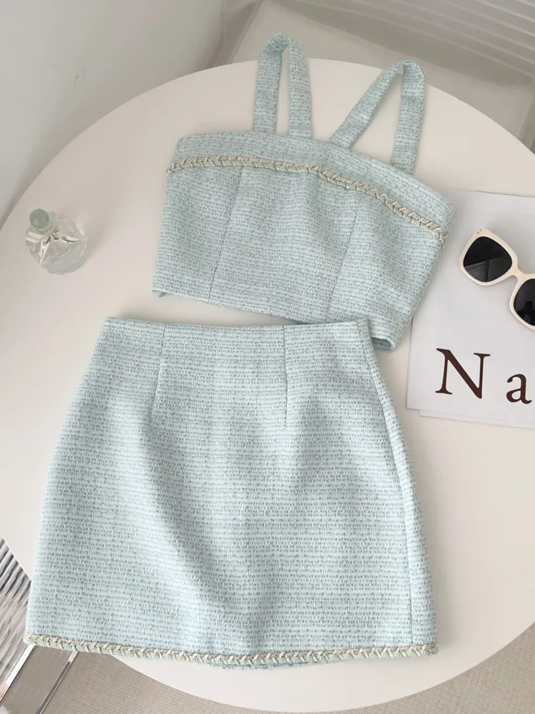 Summer Fall New Mint Green Braided Tweed Two Piece Set Women Sexy Halter Crop Tops Mini Skirt Suits Female Girls Fashion Outfit