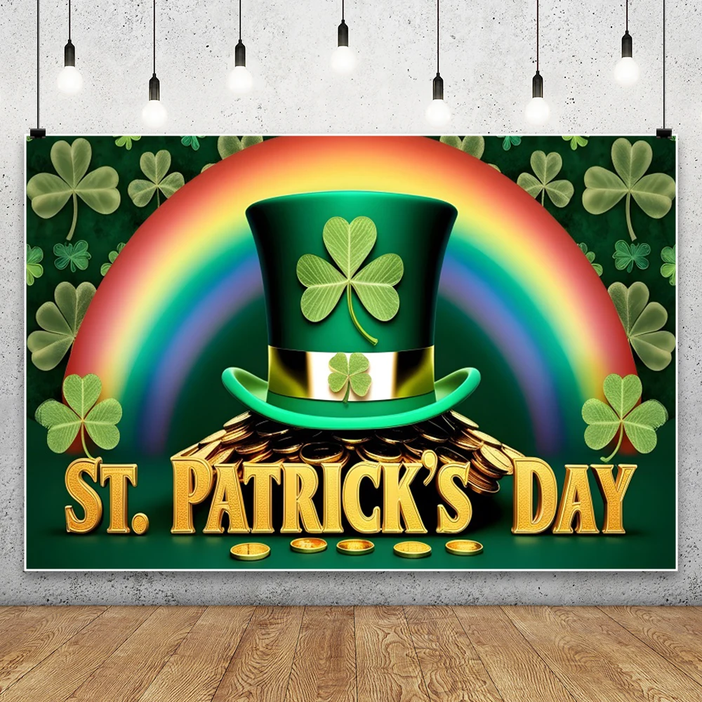 Happy St. Patrick's Day Backdrop Ireland Spring Lucky Green Shamrock Hat Rainbow Gold Coin Baby Adult Festival Party Background