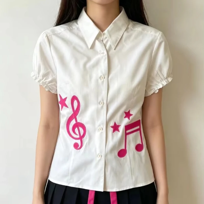 Spring Summer New Y2K Girl Style Retro Lapel T-shirt Note Pattern Slim Waist Version Personality Fashion Women's T-shirt