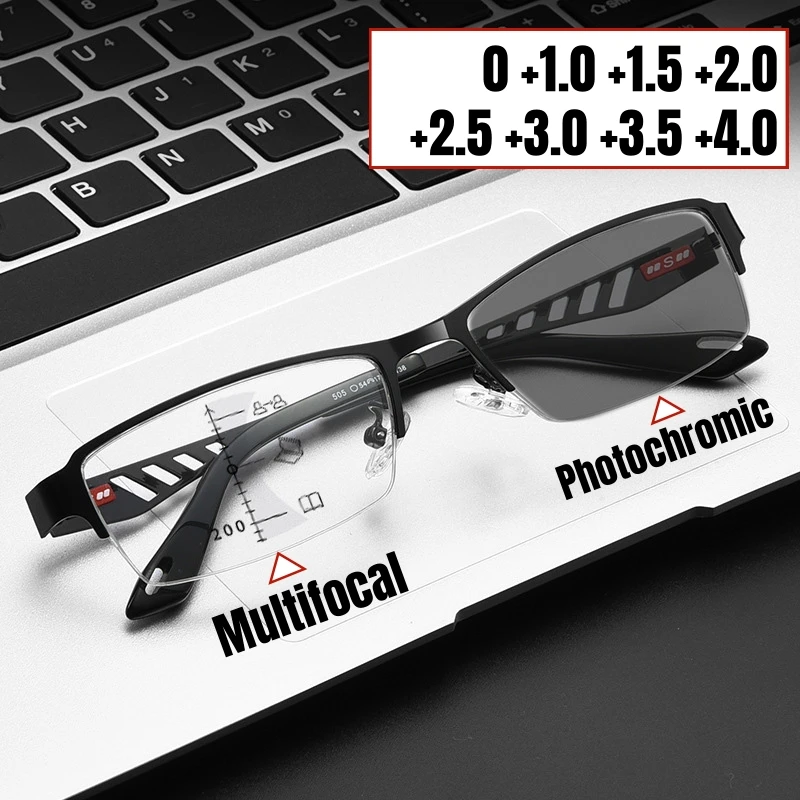 

Ultra Light Half Frame Photochromic Multifocal Reading Glasses Fashion Business Metal Eyewear Anti Blue Light Presbyopia Glasses