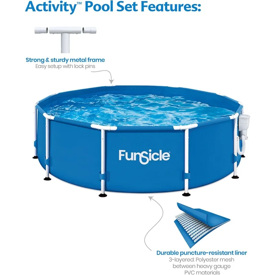 Juego de piscina redonda sobre el suelo de 10' x 30 con bomba de filtro SkimmerPlus 2 en 1, fácil instalación para diversión en el patio trasero, perfecto para el verano