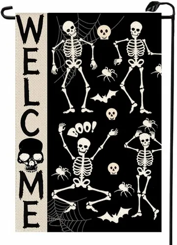 Halloween Skull Welcome Double Sided Burlap Garden Flag 12x18 Inch Outdoor YYZ