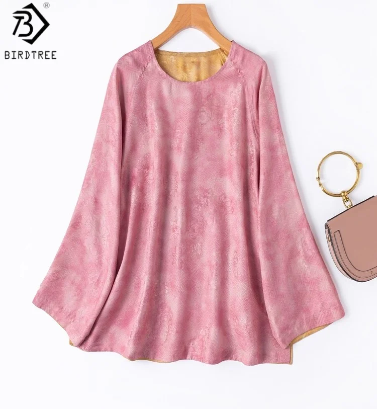 

Birdtree 100% Mulberry Silk Reversible Blouse,Women Jacquard Satin Autumn Shirt,O-neck Raglan Sleeve Pullover Tops T59507JF