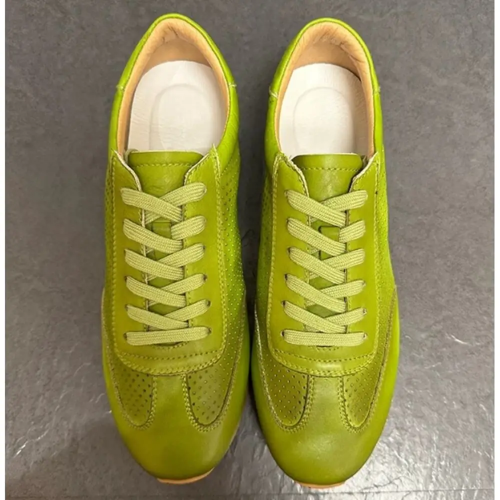 Fresh Avocado Green Perforated Leather Casual Shoes, with lightweight non-slip sole