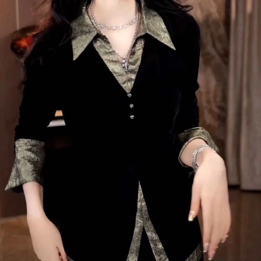 Color Block Long Sleeve Loose Fit Collared Shirt for Women Spring Autumn Fashion Korean Style Commute Wind Black Base Top
