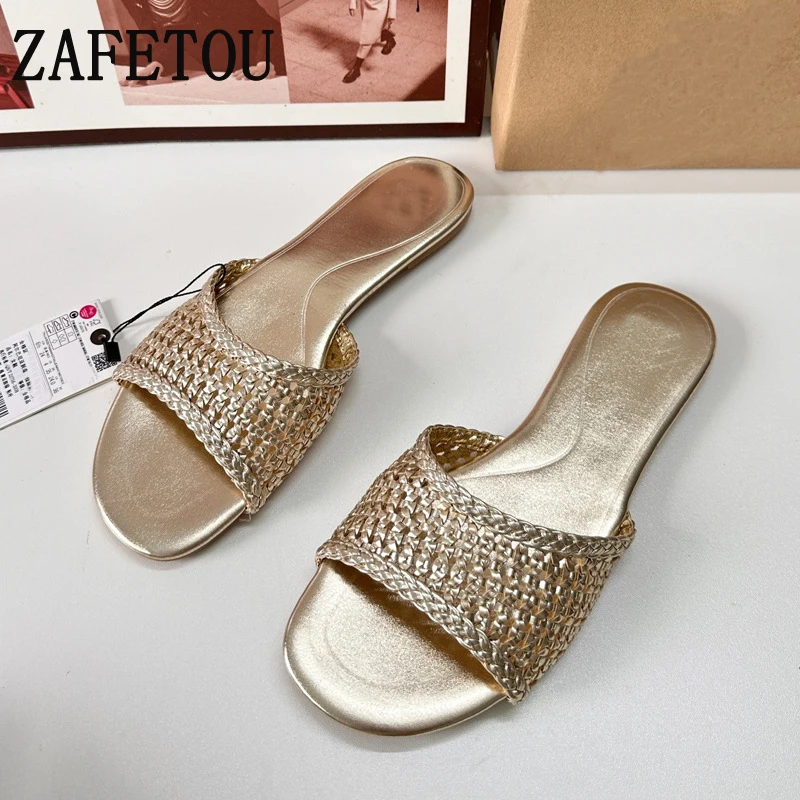 Zafetou Shoes Women 2024 New Product Champagne Color Round Toe Open Toe Woven Flat Bottomed Women's Slippers