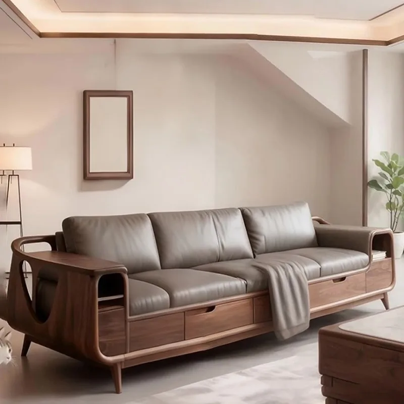 Solid wood sofa antique new living room leather dirt-resistant disassembly comfortable black walnut