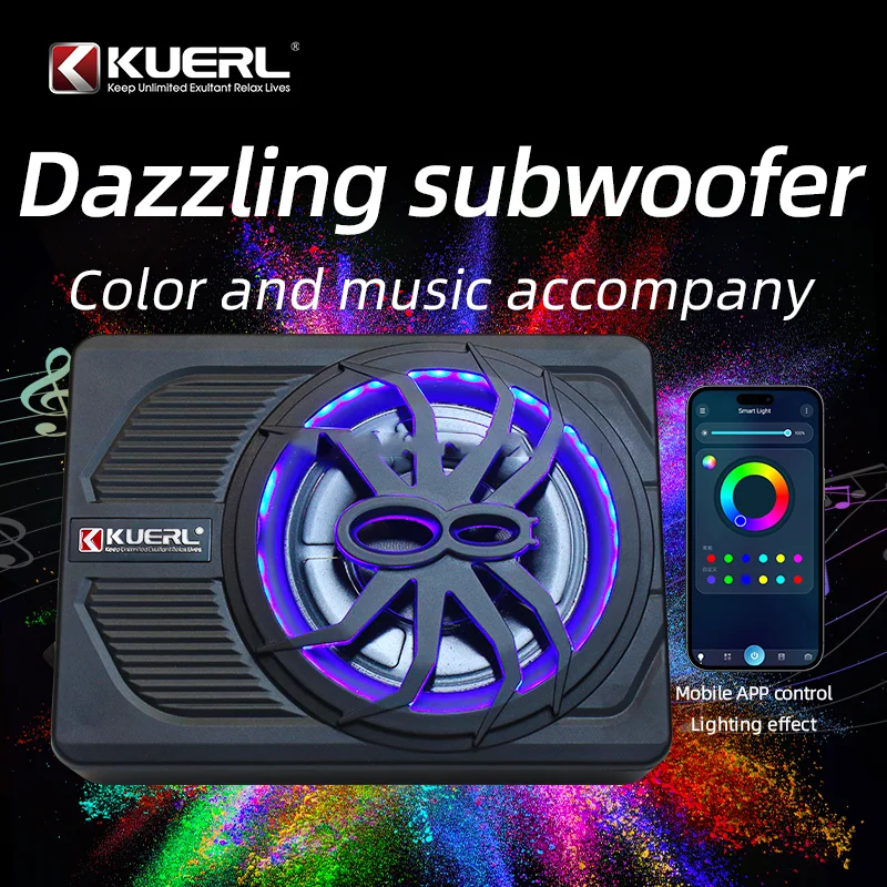 Subwoofer Ultra sottile per auto Stereo ad alta potenza da 10 pollici attivo RMS 180W installato sotto il sedile controllo APP luce colorata