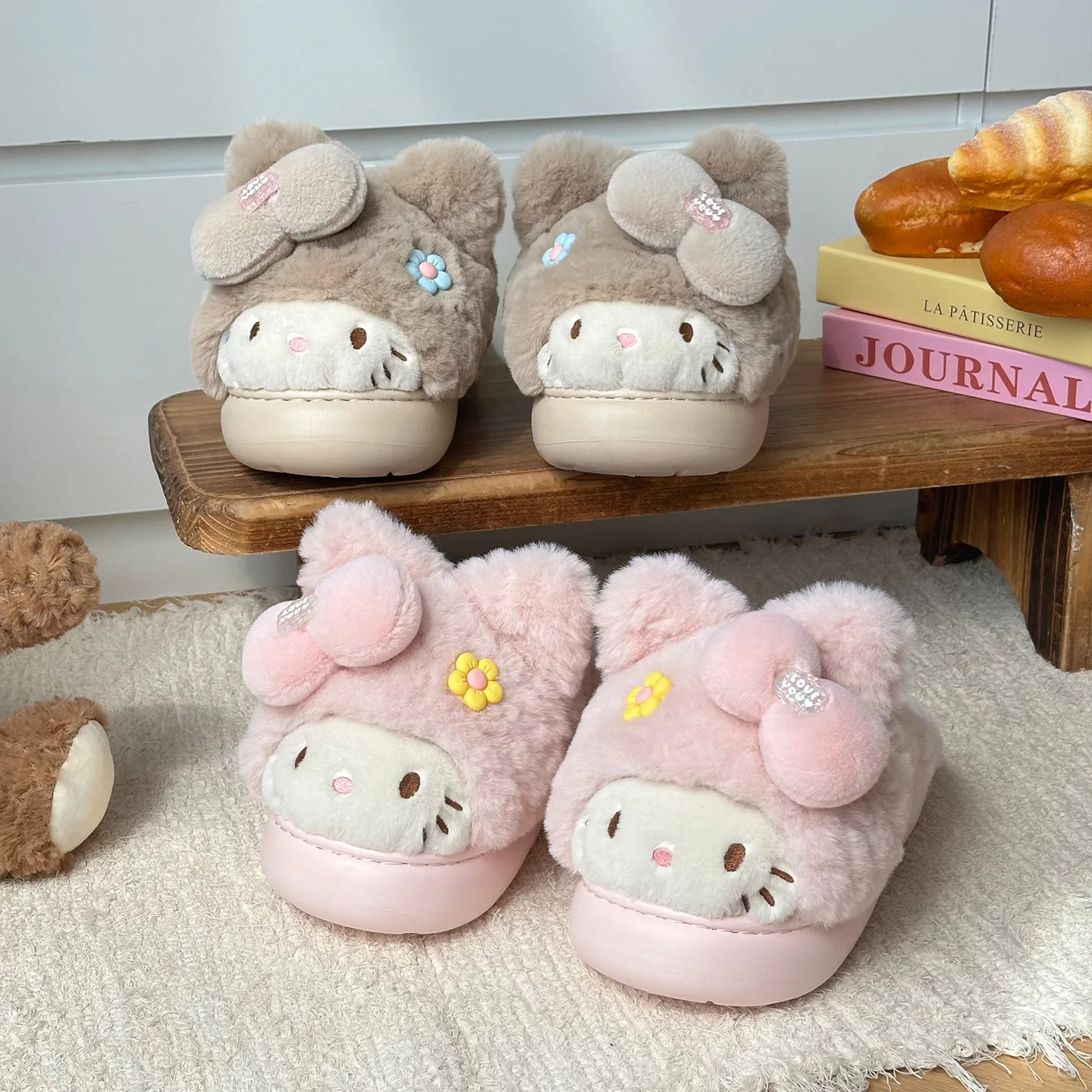 

Cute Plush Cat Slippers for Women Winter Warm Soft Furry Bow Indoor House Shoes Cozy Anti Slip Thick Sole Home Bedroom Footwear