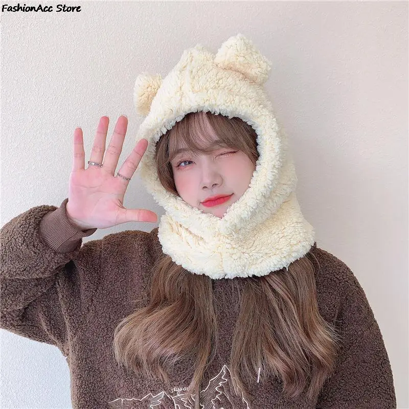 Winter Cute Bear Ears Warm Hat Windproof Neck Scarf Cap Student Women Plus Cashmere Cap