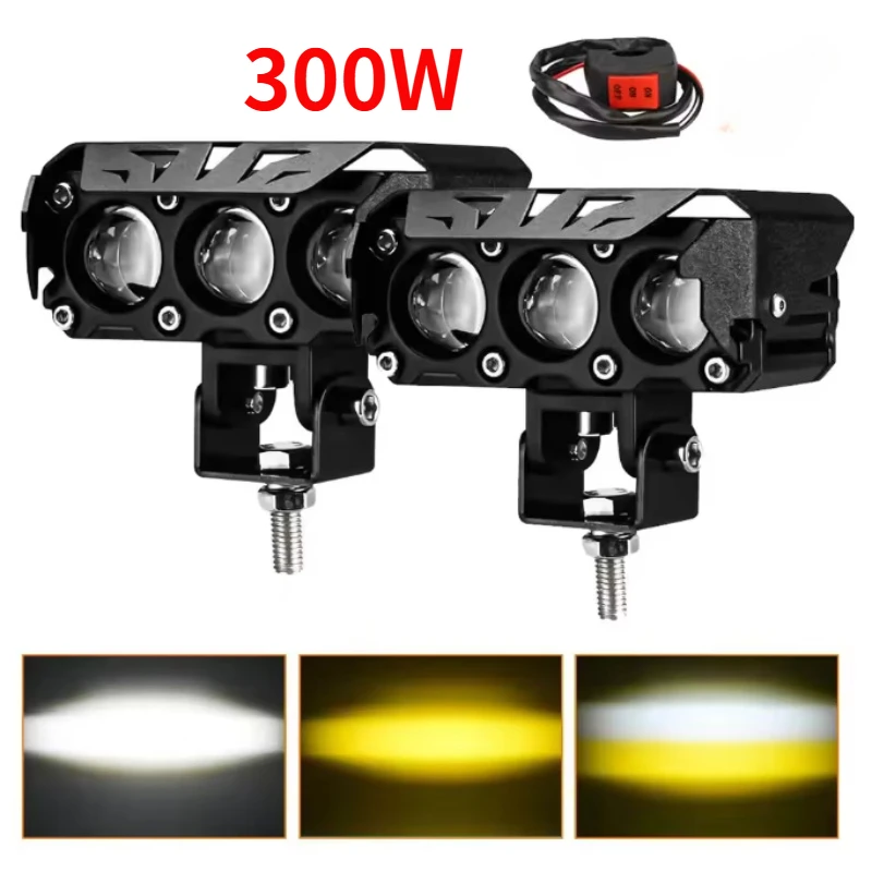 300W Motorcycle LED Spot Light Dual Color for Car Trucks SUV UTV 12V 24V Mini Lens Headlight Driving Light Hi/Low Beam Fog Lamps