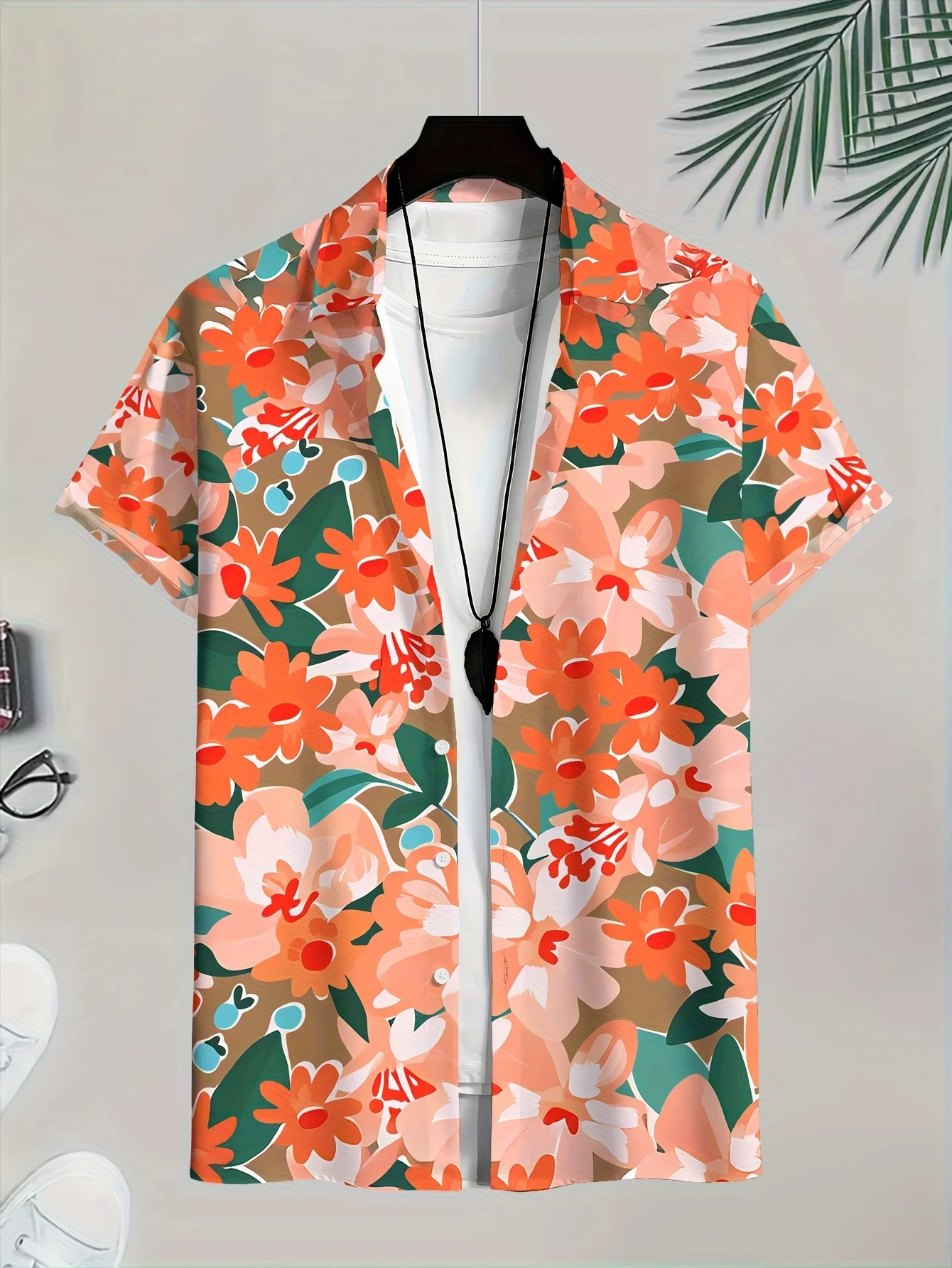 Men's Hawaiian Shirt Coral Orange Floral Tropical Print Short Sleeve Button Down Casual Aloha view 2