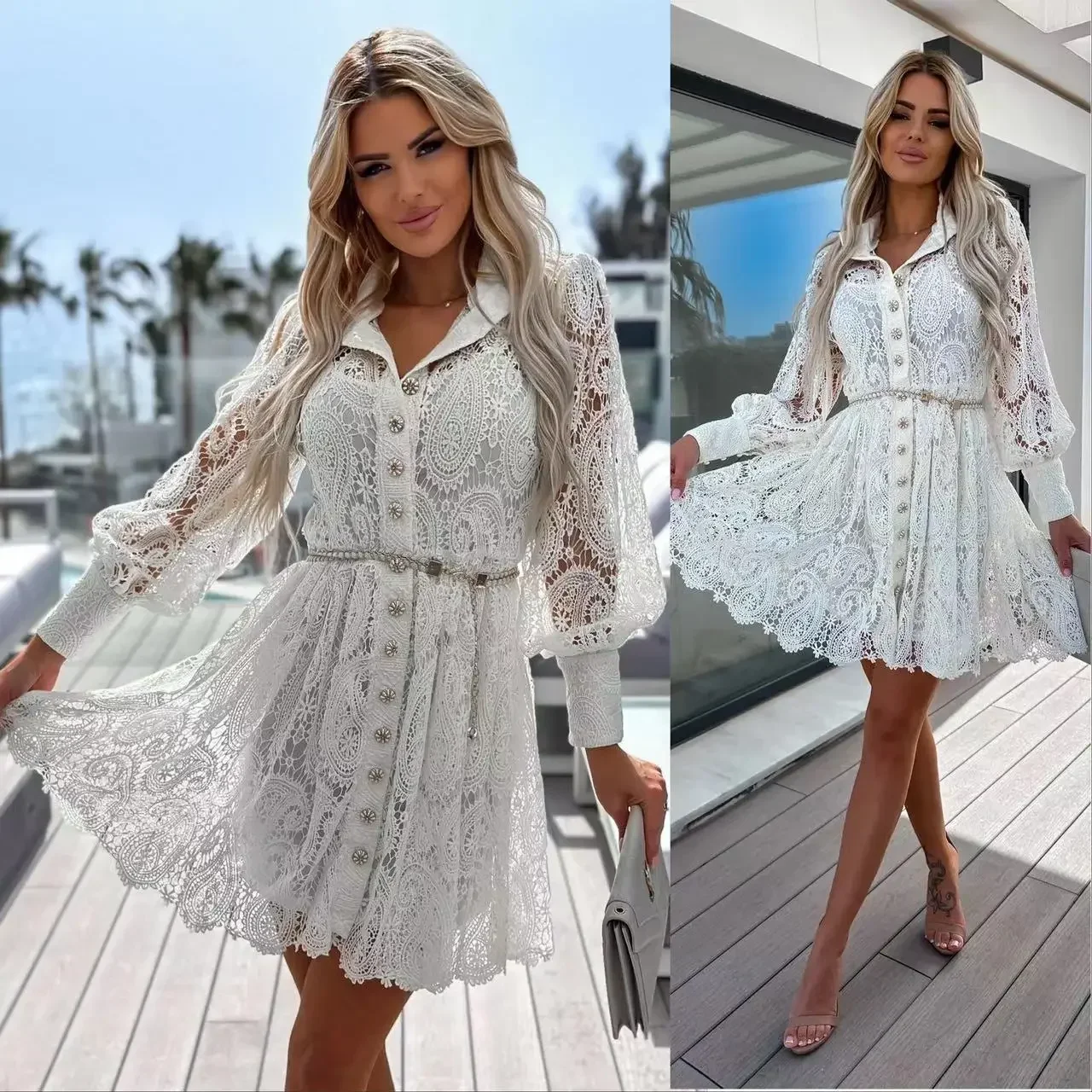 Women Shirt Dress Sexy Lace Hollow New Lace-up Long Sleeve Single-breasted Lapel White Elegant Office Lady Short Cloth Lugentolo