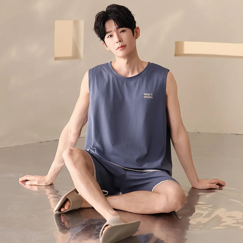 

Men's Summer Modal Pajamas Loungewear Set Round Neck Sleeveless Thin Teen Men New Simple Casual Student Pajamas Loungewear Set