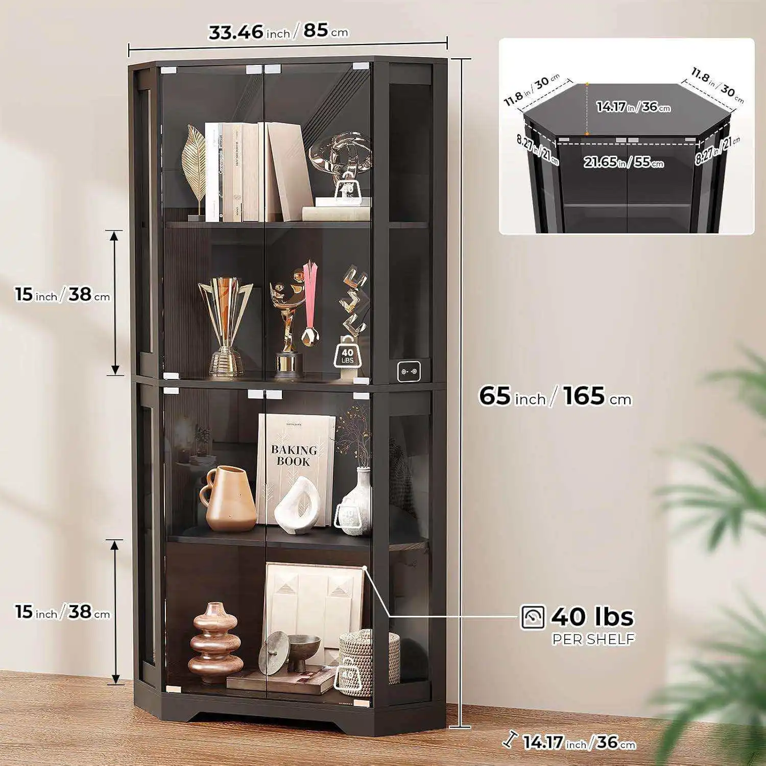 165cm Glass Door Corner Display Cabinet Smart Human Body Sensor 3 Color Light Dustproof Collectibles Storage Organizer Cabinet