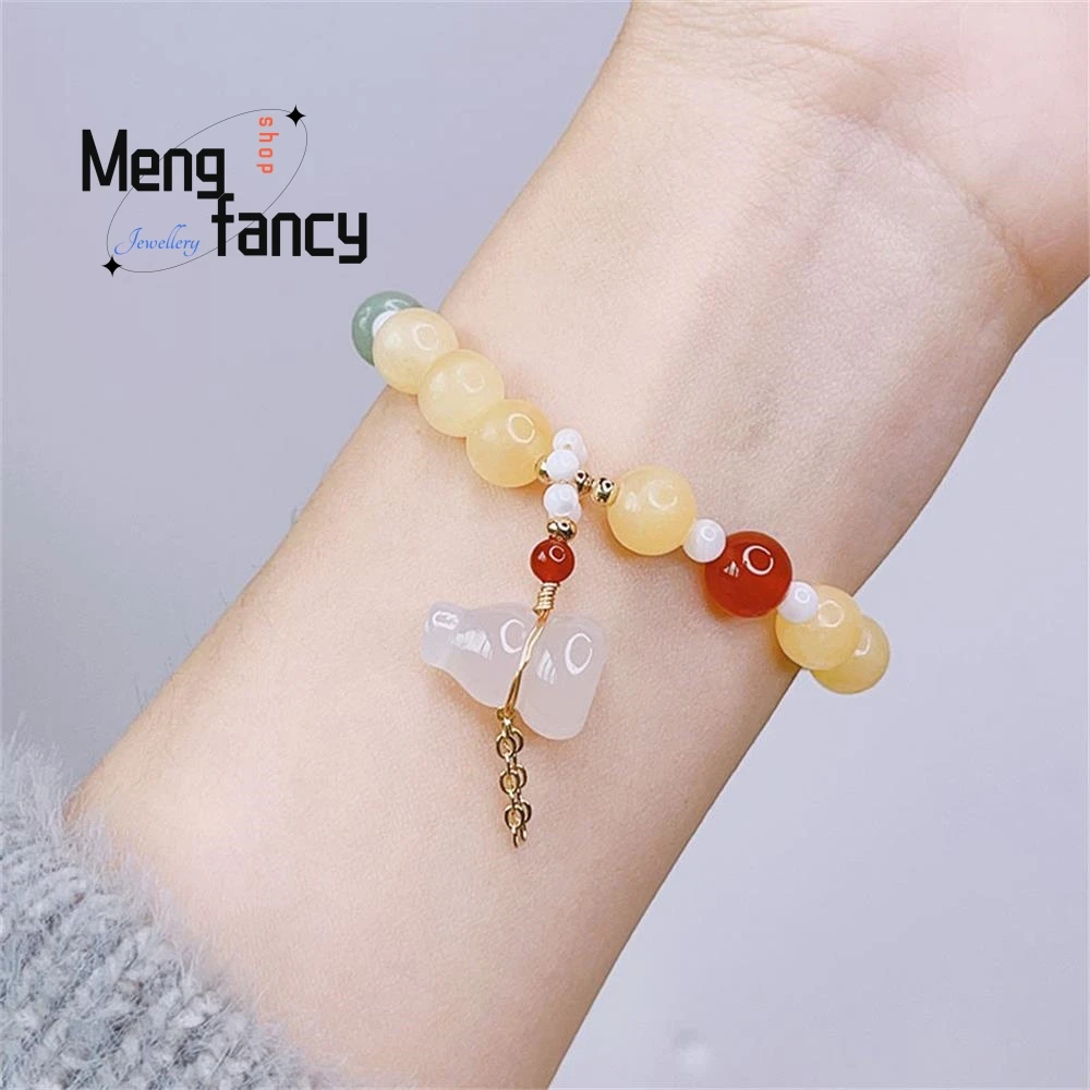 Natural Vintage Chinese Style Beige Jade Bracelet Female Good Persimmon Lianlian Chalcedony Gourd Beaded Popular Fashion Jewelry