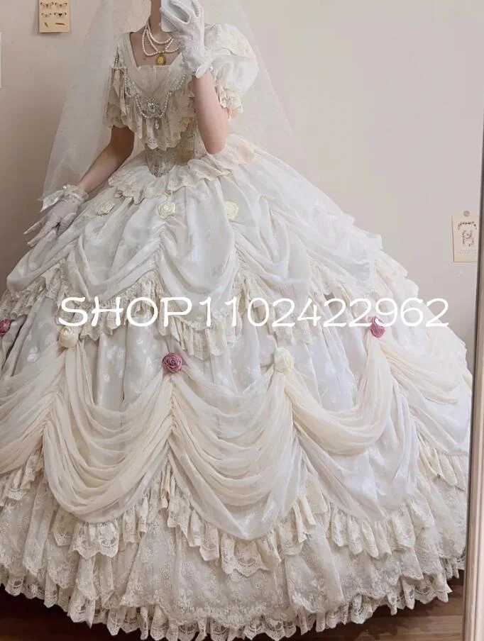 Luxury White Gothic Victorian Wedding Dresses Off Shoulder 3D Floral Rose Ruched Lace-up Corset Lolita Bridal Gown Costume