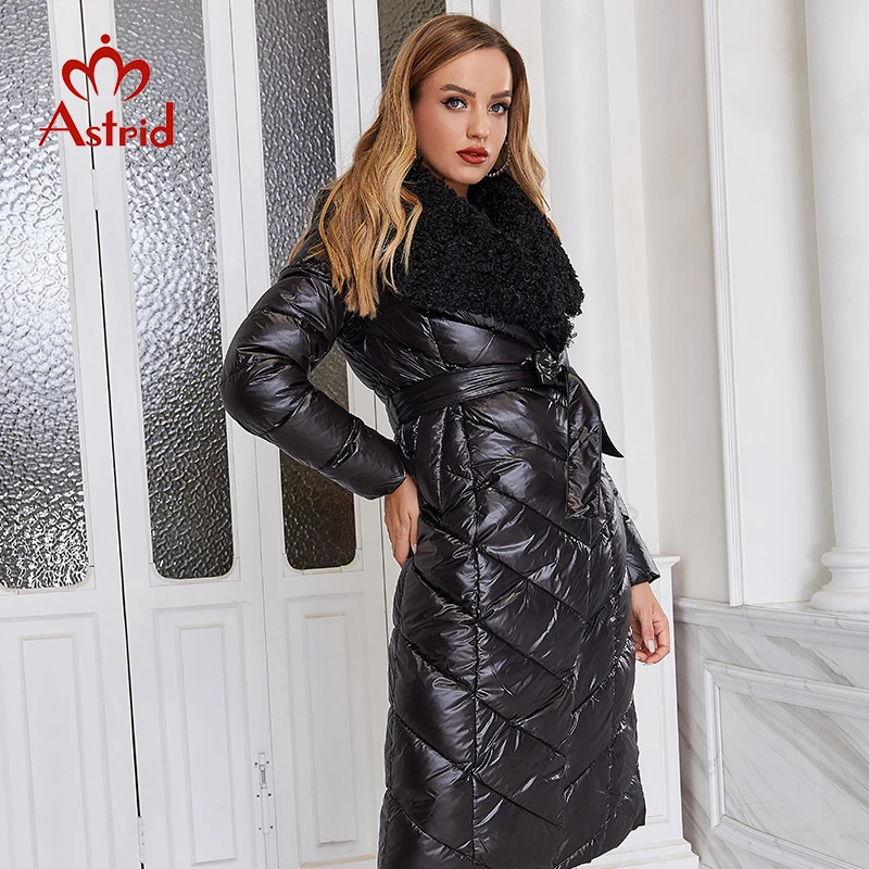 

Astrid 2023 Women's Jacket Female faux Fur lapel Hooded Elegant Tie Belt stitching down jacket Oversize parkas Women coat 8690