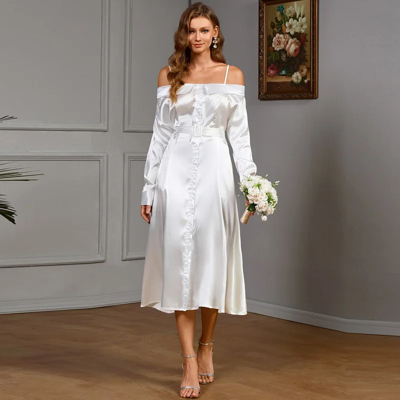 Vestido ajustado de manga larga de Color sólido con hombros descubiertos y temperamento elegante a la moda europea y americana para mujer