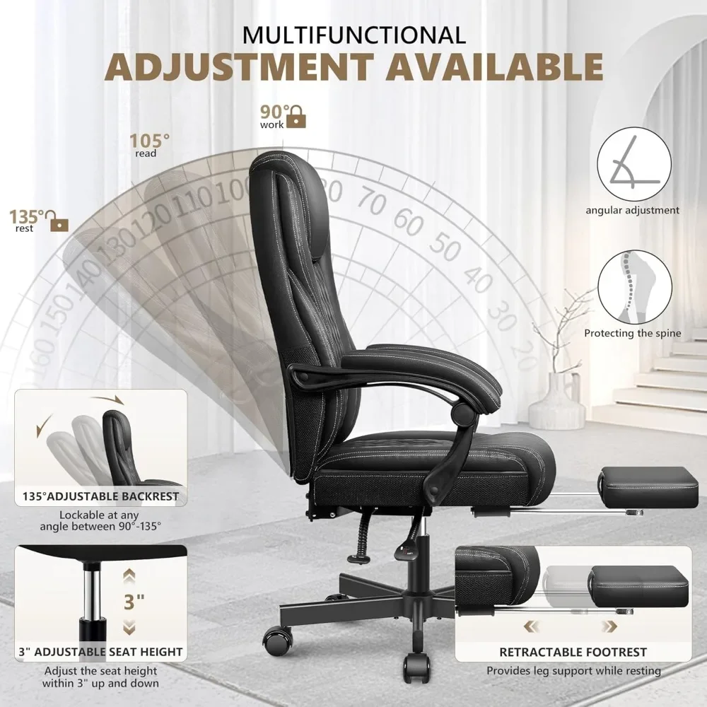 Executive Office Chair Big and Tall Home Office Chair, High Back Ergonomic Leather Chair with Footrest.