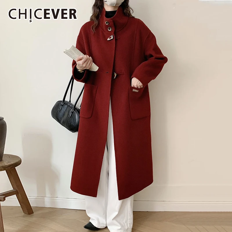 

CHICEVER High Design Loose Jackets For Women Stand Collar Patchwork Horn Button Long Style Wool Coats Female New Winter Clothing