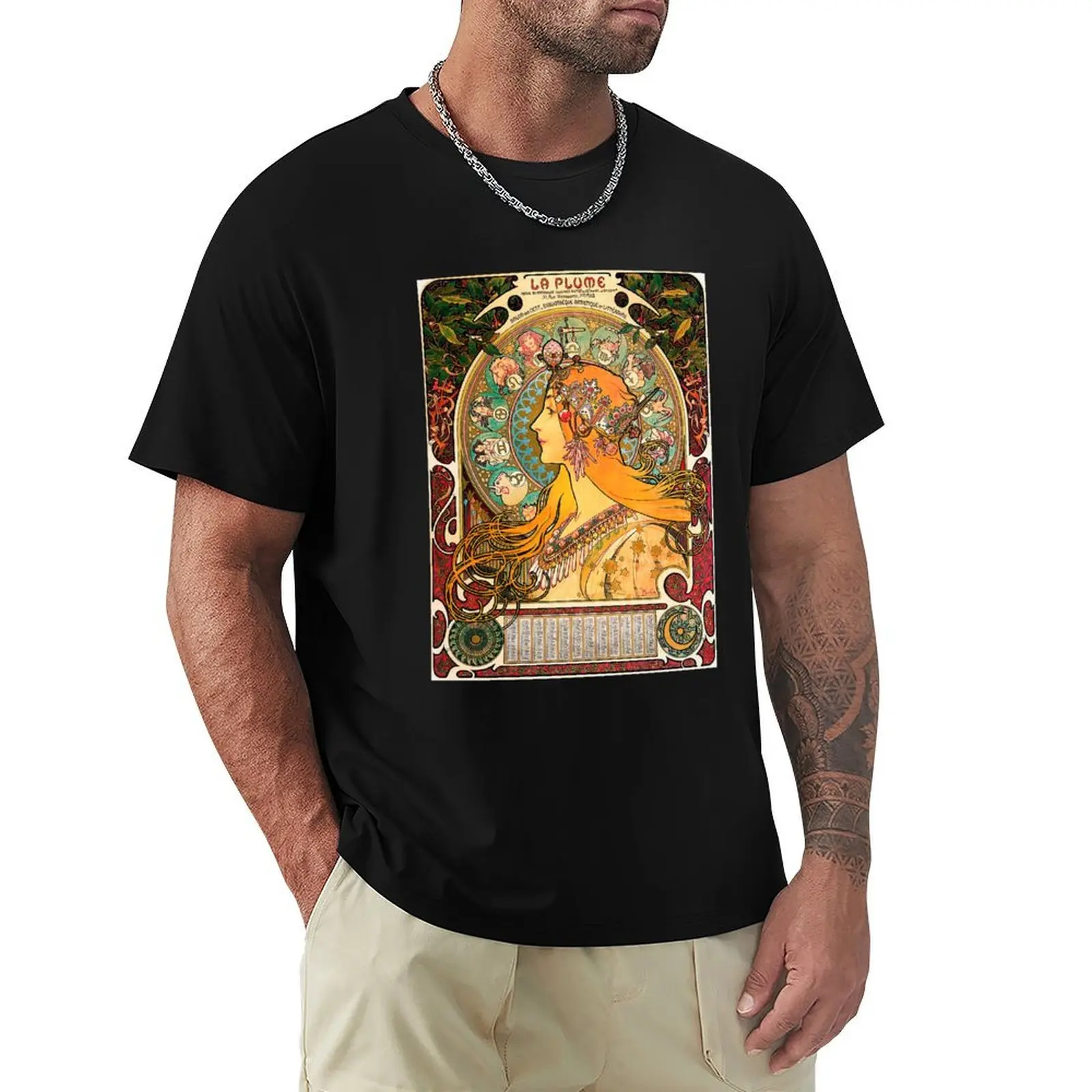 HD. Zodiac (Second version), by Alphonse Mucha (1896) HIGH DEFINITION T-Shirt Big Size Short Sleeve Casual Top