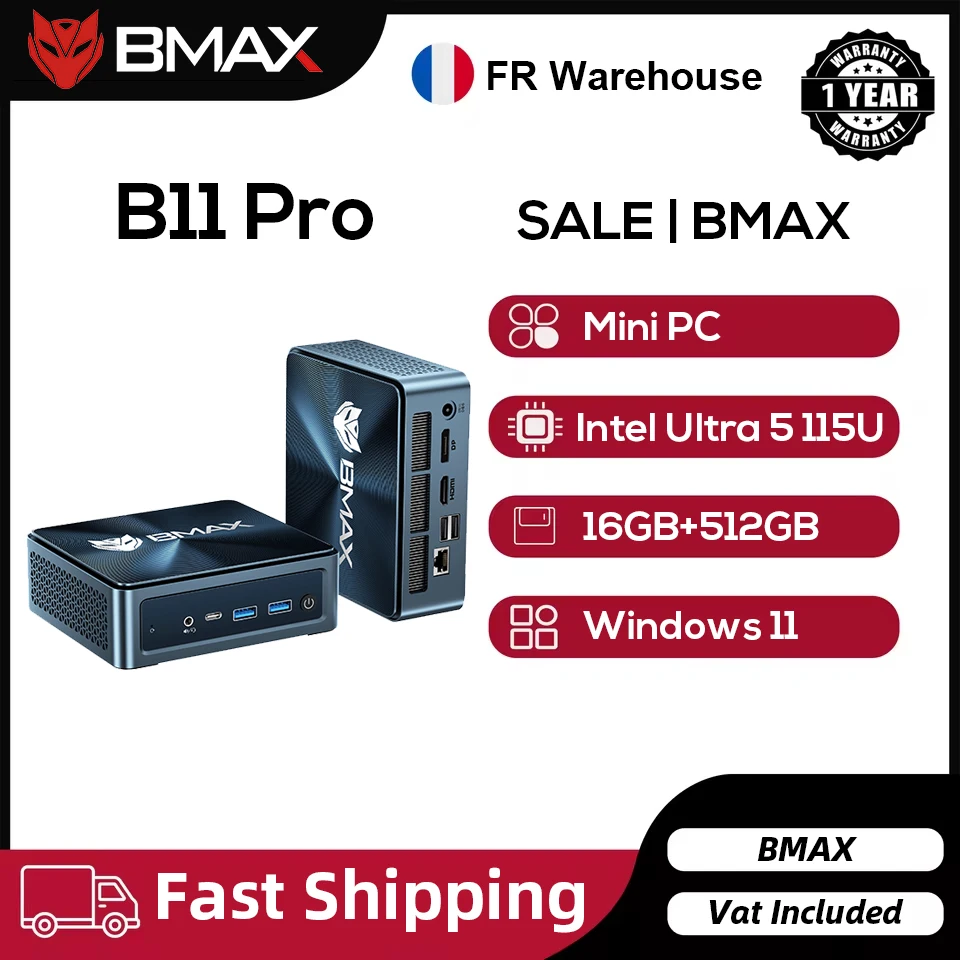 Bmax Mini Ai Pc B11 Pro Intel Core Ultra 5 115U 8 Cores 10 Threads 16GB RAM 512GB SSD Windows 11 USB HDMI