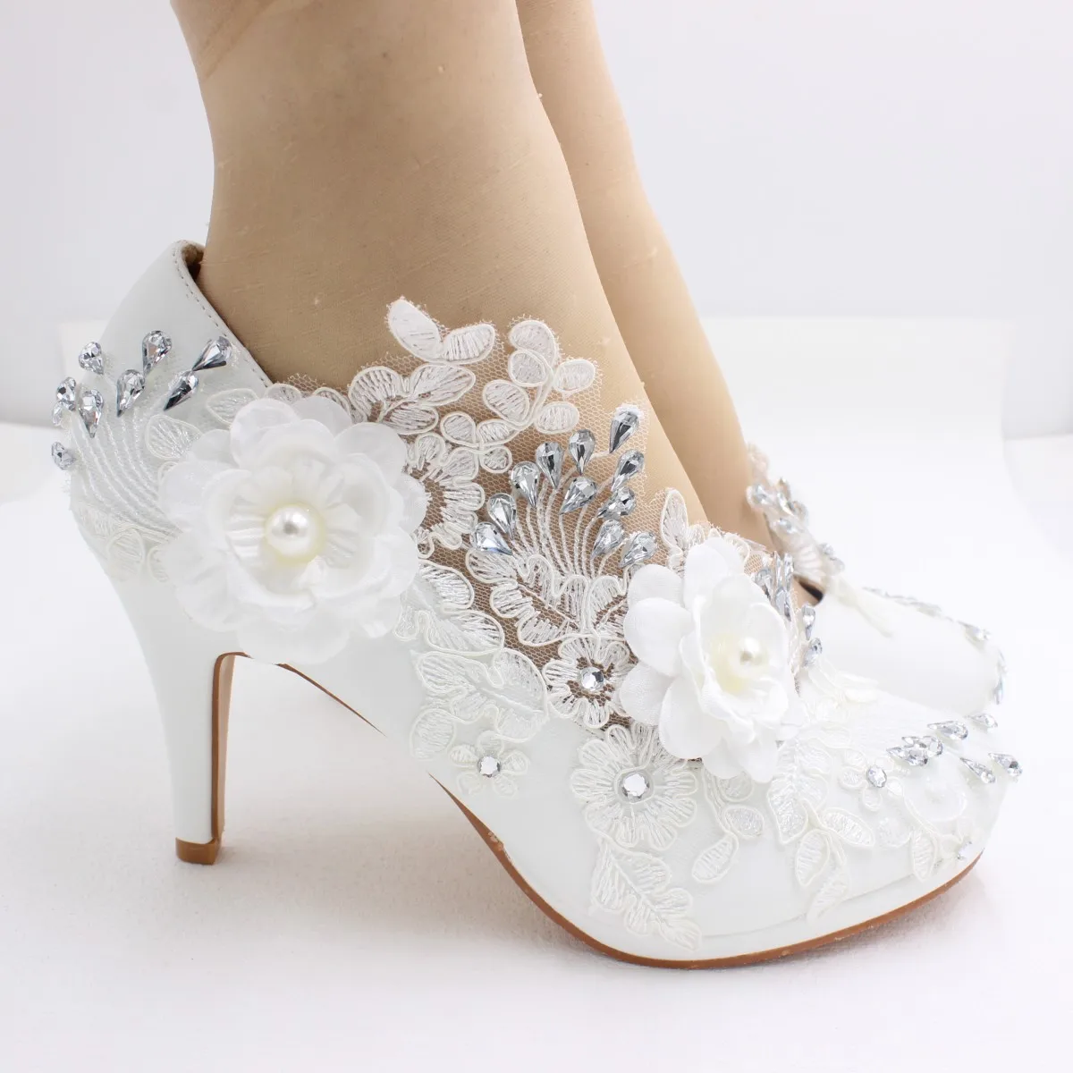 White Lace High Heels Bridal Wedding Shoes 8cm Stiletto Heel Elegant Pumps with Rhinestones and Pearls for Women Party & Evening