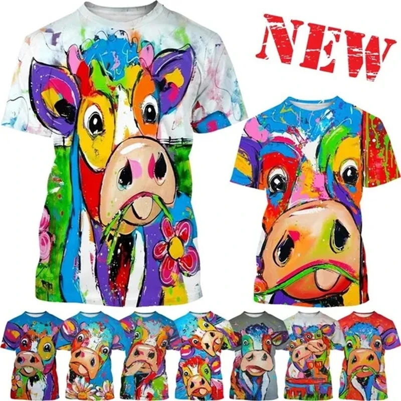 New Colorful Cow3D Graphic T Shirts Cow Pop Art Round Neck Short Sleeve Animal Pattern Men's And Women's Fashion Casual TopsTees