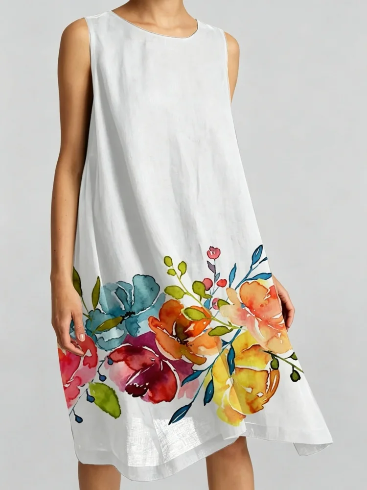 Damen-Kleid aus Leinen mit Blumenmuster, ärmellos, lässig, Rundhalsausschnitt, lockeres A-Linien-Midikleid für den Sommer und den Strand