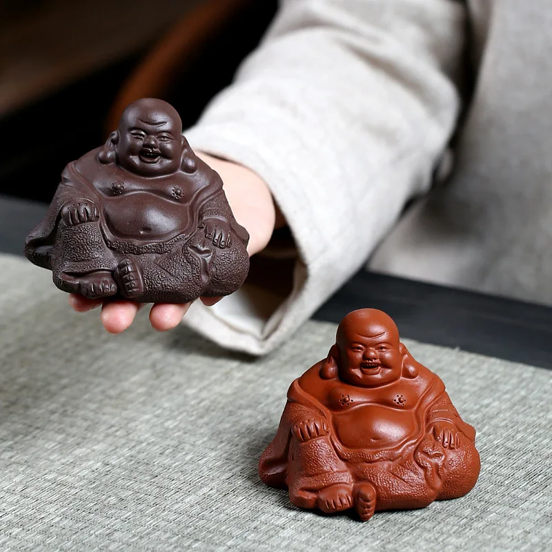 HYS handmade purple sand tea pet figure Buddha sculpture handicraft, Maitreya Buddha home tea table ornament can be raised