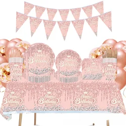 10pcs Dazzling Pink Diamond Party Supplies Plates Napkins Tablecloth Couverts Assiette Birthday Party Decorations Kids Girl