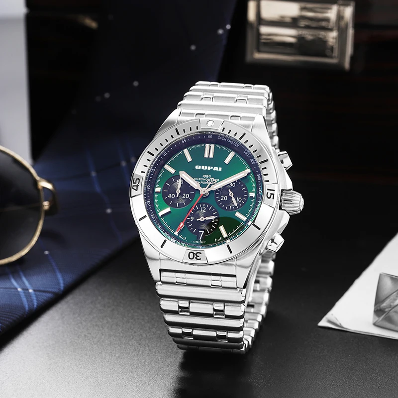 OUPAI 2025 New Arrival Bullet Stainless Steels Strap Quartz Chronograph Stop Watch Wristwatch Man Waterproof Luminous wristwatch