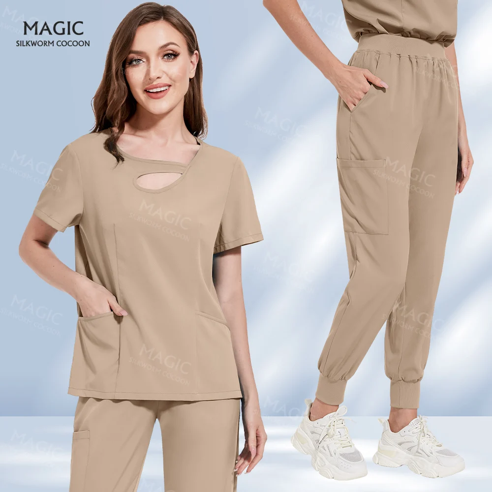 Breathable Lab Overall Nurse Accessories Beauty Salon Uniforms Elastic Slim Fit Tops+jogger Pants Suit Summer Dental Clinic Sets