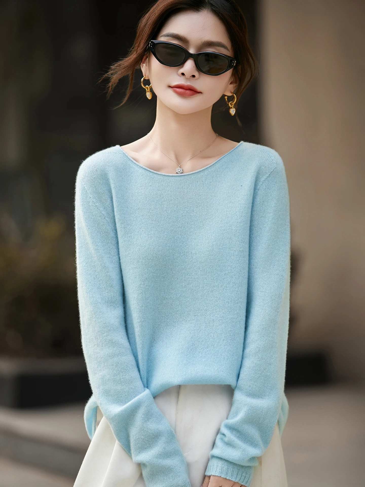 Merino 100% Wool Women's Rolled Edge Round Neck One Line Ready Wear Pullover Autumn Winter Base Wool Knitted Sweater