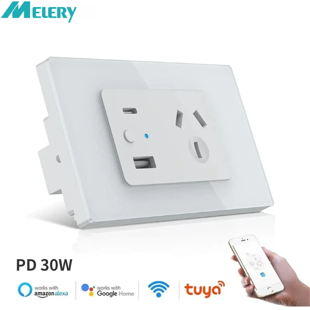 Melery AU Plug Tuya Wi-Fi Smart Touch Switch Wall Socket Glass Panel USB Type C for Iphone Outlet Remote by Alexa Google Home