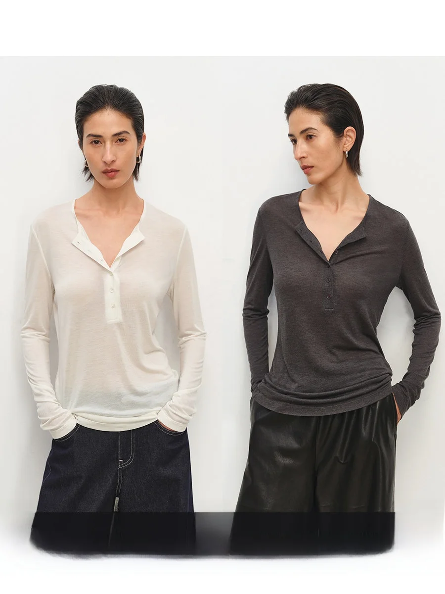 

MSBEAST Silk Henry Collar Long Sleeve Women's T-shirt Lightweight Naked Sensation Silk Base Shirt Sun Protection