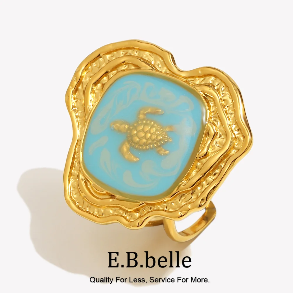 E.B.belle 18K Gold Plated Vintage Style Enamel Irregular Turtle Open Ring Stainless Steel Women Finger Fashion Jewelry