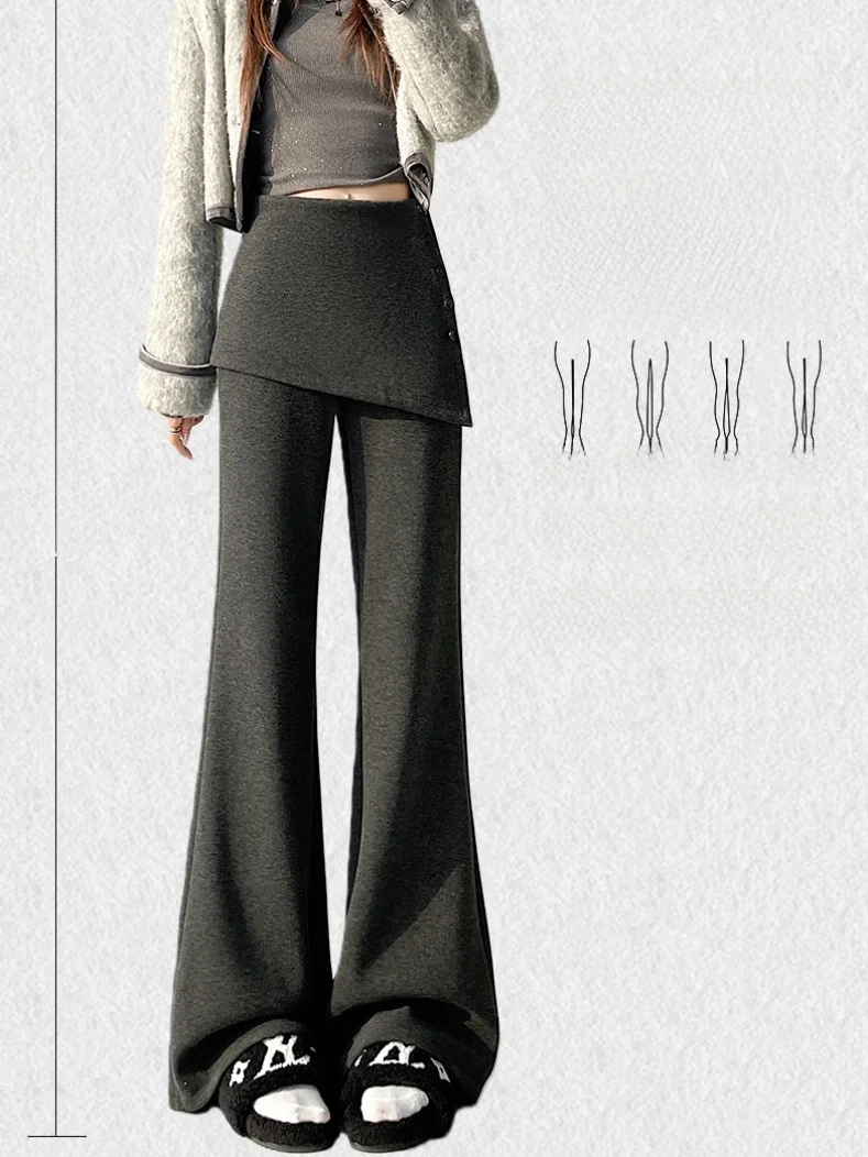 Pantaloni a gamba larga foderati in Fce a vita alta da donna Autunno Inverno 2025 Nuovo Sle Coreano Sle Pendolarismo Pantaloni semplici in puro colore